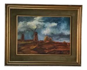 1970 Vintage Lulu Windmill Countryside Landscape Painting