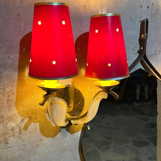 1950s 1950s French Red Star Floral Sconces in Brass and Art Glass - a Pair For Sale - Image 5 of 11