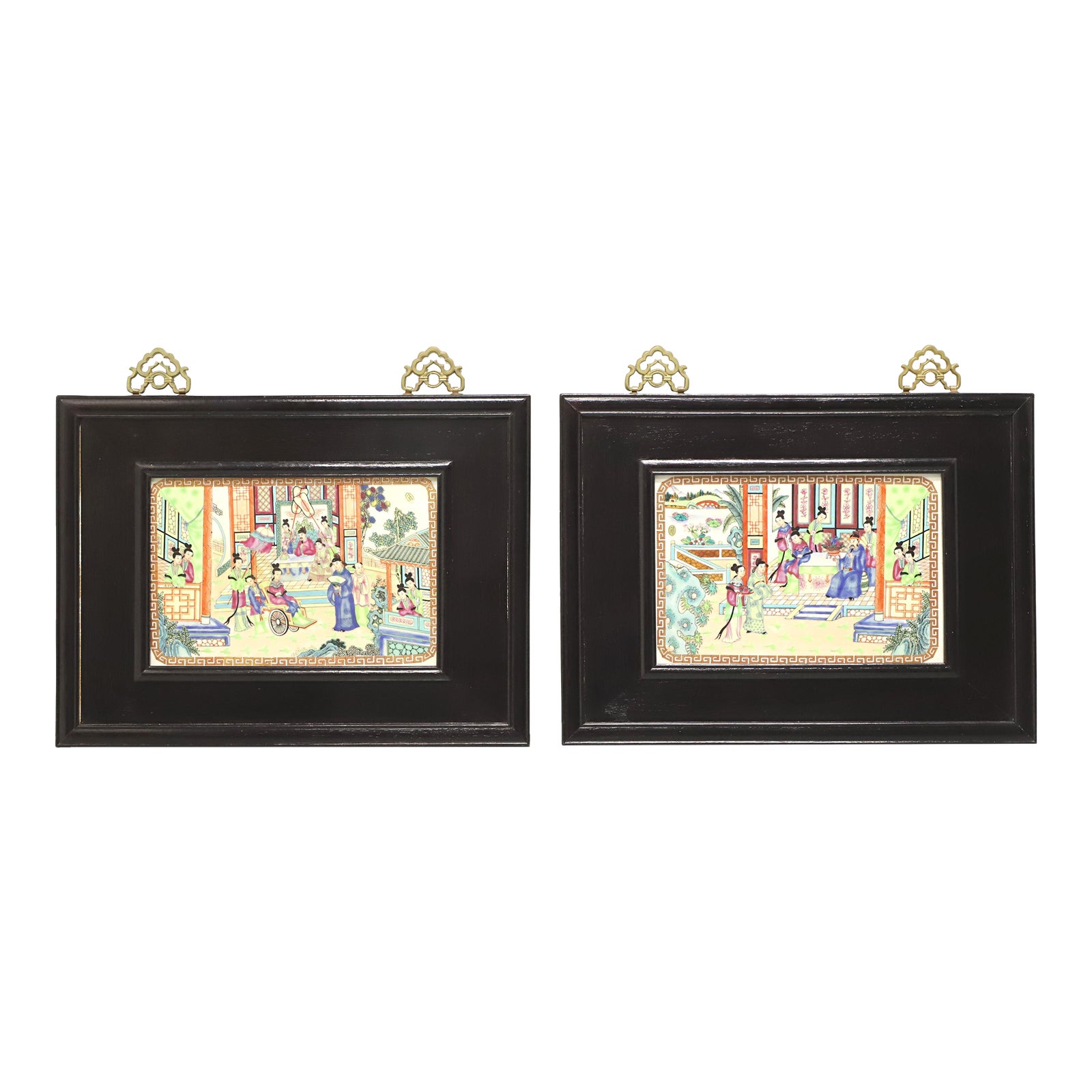 Mid 20th Century Hand Painted Porcelain Japanese Framed Wall Art Pair