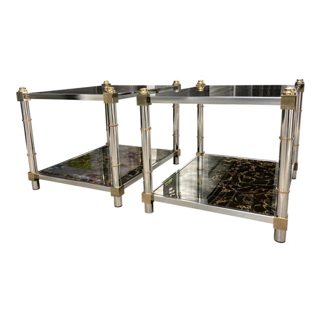 Maison Jansen Modern Chrome Brass & Tiered Glass End Tables Manner of Mastercraft For Sale - Image 4 of 13