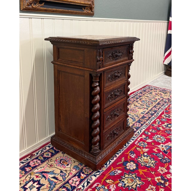 Antique French Marble Top Chest Side or End Table Nightstand Barley Twist Oak For Sale In Dallas - Image 6 of 18