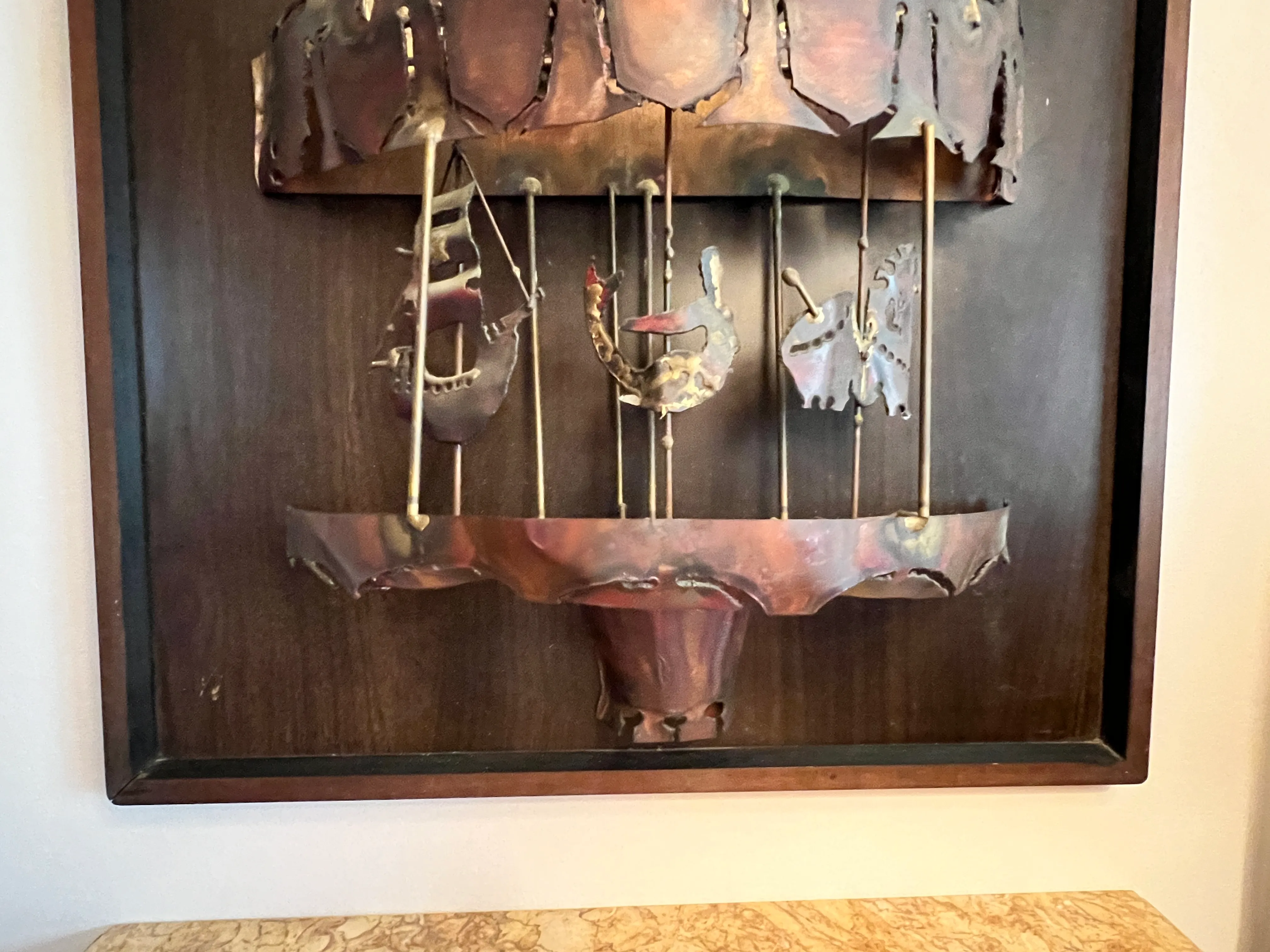 60s-70s 香港ヴィンテージ 銅製ウォールアート 3点セット 孔雀・戦車 1970s Hillside Original 3D Copper Brutalist Metal Work Sculpture