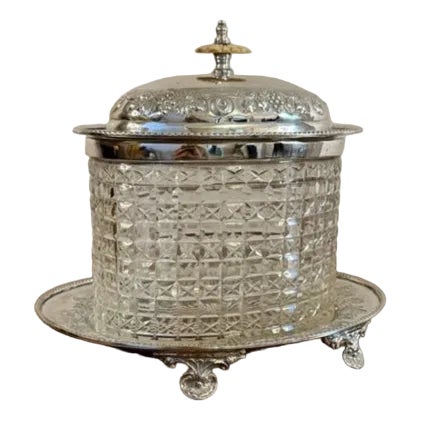Antique Edwardian Cut Glass Silver-Plated Biscuit Barrel, 1900s For Sale