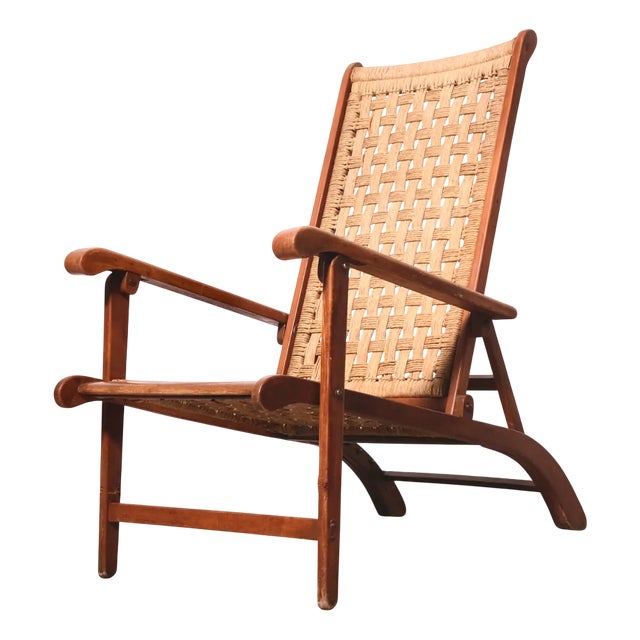 Vintage Italian Deck Chair in Beech and Jute, 1950s For Sale