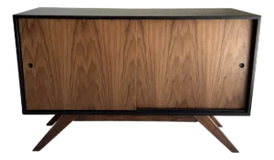 Mid Century Modern Walnut and Black Credenza Cabinet