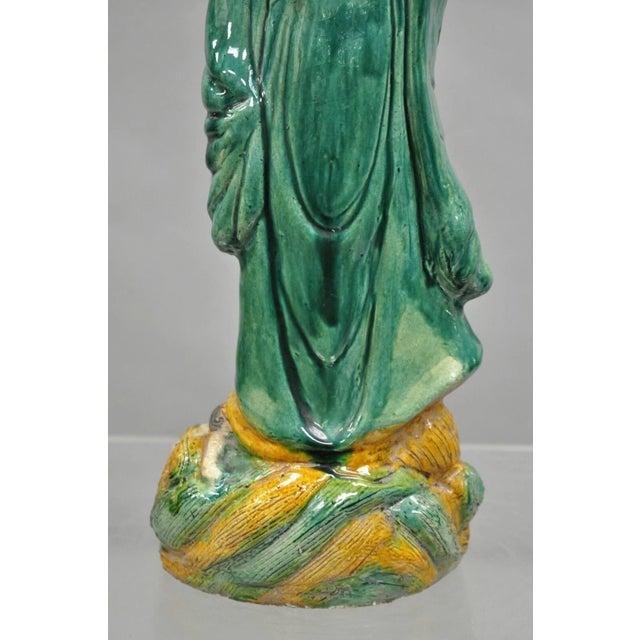 Late 19th Century Antique Chinese Green Sancai Glazed Pottery 21" Guanyin Sculpture Figure For Sale - Image 11 of 12