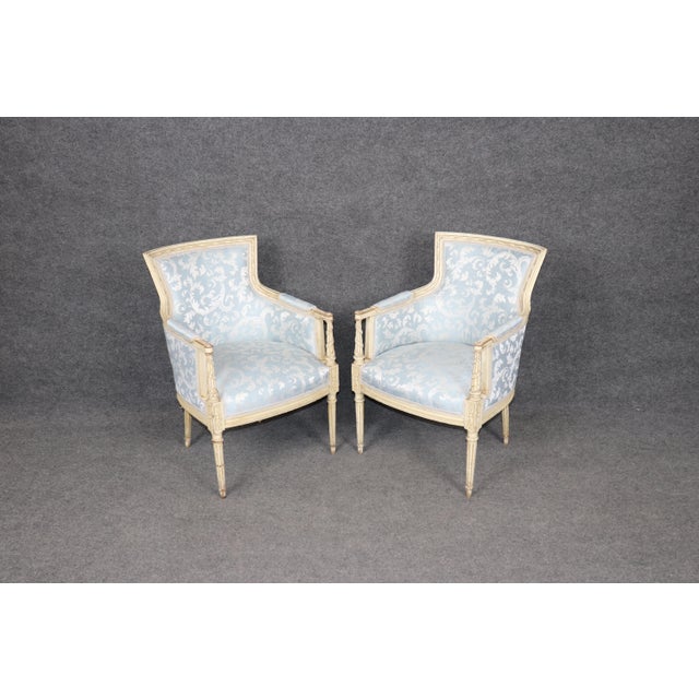 Pair French Louis XV Style Blue Upholstered Bergères Chairs Attr to Jansen For Sale In Philadelphia - Image 6 of 17