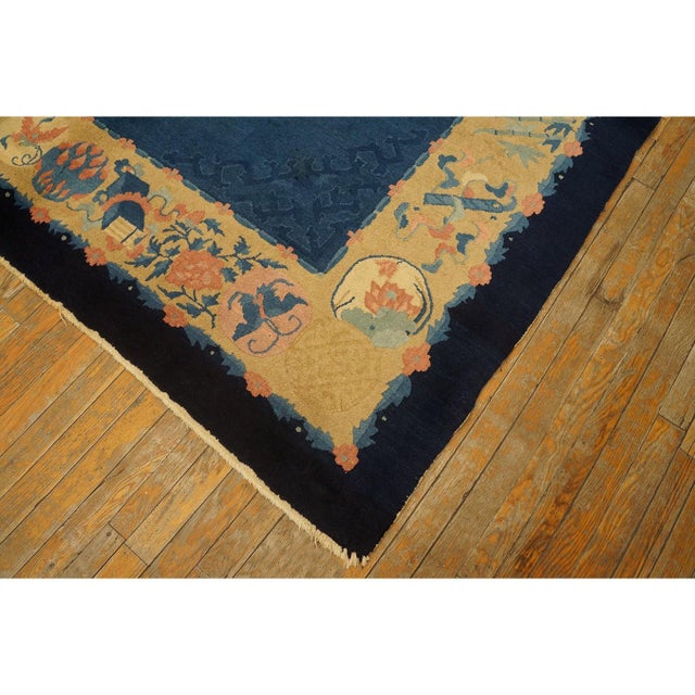 1920s Blue Ground Geometric Antique Chinese Peking Rug 6'10" X11'8" Wool Carpet For Sale - Image 9 of 11