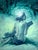 This oil painting depicts a figure seated in a contemplative pose, gazing into the vastness of a cosmic scene filled with...