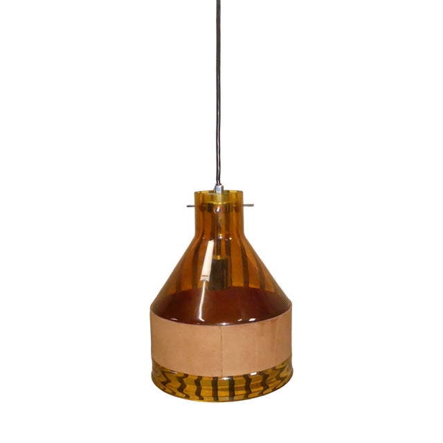 Glass Hanging Lamp with Leather from J.T. Kalmar, 1970s For Sale