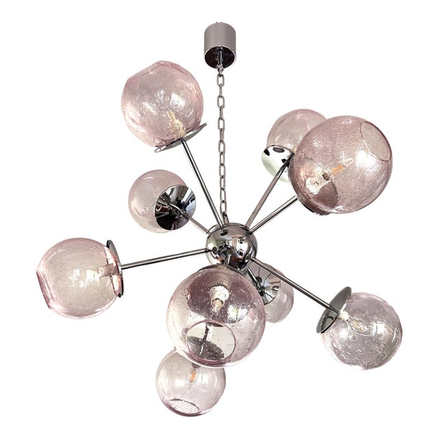 Contemporary Italian Chromed Sputnik Chandelier in Pink "Pulegoso" Murano Glass For Sale