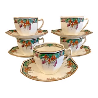 Vintage Royal Doulton Art Deco Fuchsia Chritsmas Tea Coffee Cups & Saucers-Set of 5 For Sale