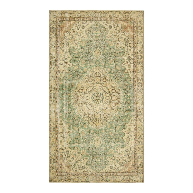 Vintage Turkish Rug in Light Green With Beige Floral Medallion | Rug & Kilim For Sale