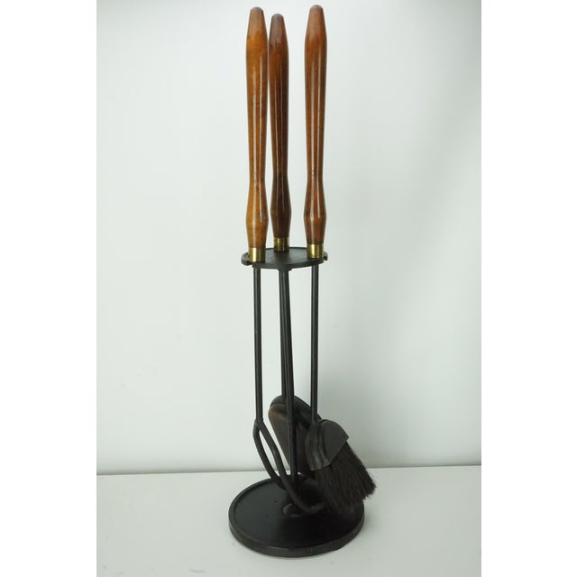 Mid-Century Modern Vintage Mid Century Modern Fireplace Tool Set Wood Handles Brass Black Iron For Sale - Image 3 of 10
