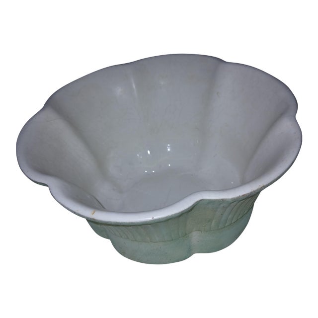 Vintage Turquoise Ruffled Matte Glaze Ceramic Planter For Sale