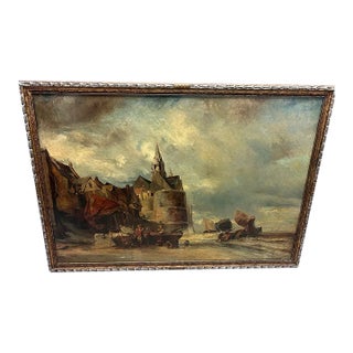 Late 19th Century Large Antique Oil Painting of a Seaside Village, Framed For Sale