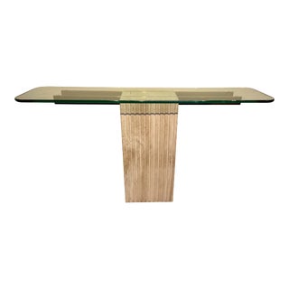 1970s Italian Glass Top Console Table with Travertine Column and Brass Supports For Sale