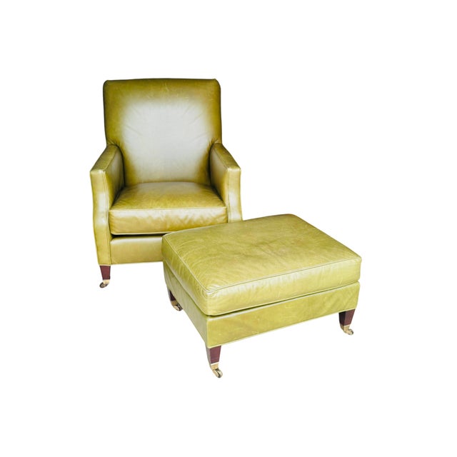 C.R. Laine Furniture Vintage Cr Laine Olive Green Leather Lounge Chair & Ottoman | George Smith Style For Sale - Image 4 of 18