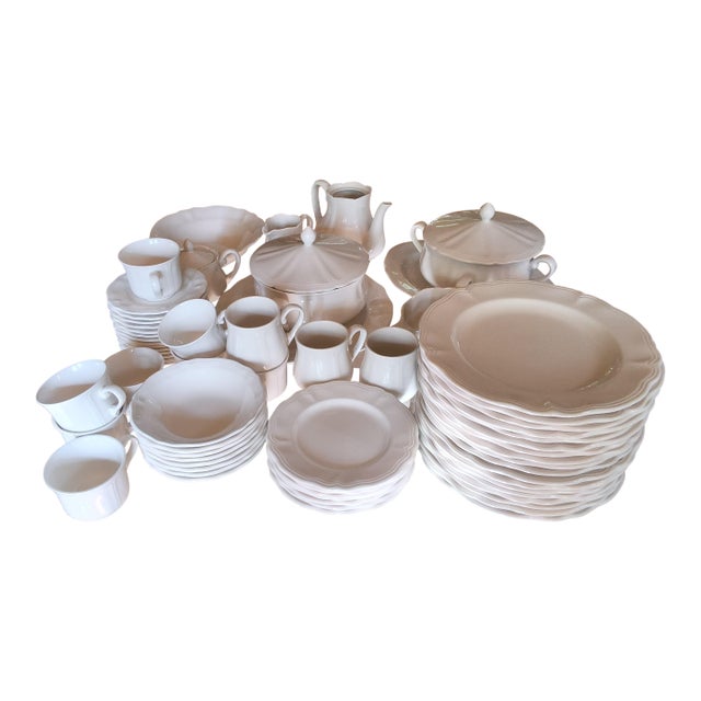 Vintage Sears Federalist White Ironstone Dinnerware Set - (Complete Service for 8 and Serving Pieces) Bonus Free Crystal Wine Glasses - 81 Pieces For Sale