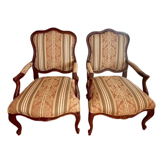 **Pair of Ethan Allen Avignon French\-Style Upholstered Armchairs** For Sale