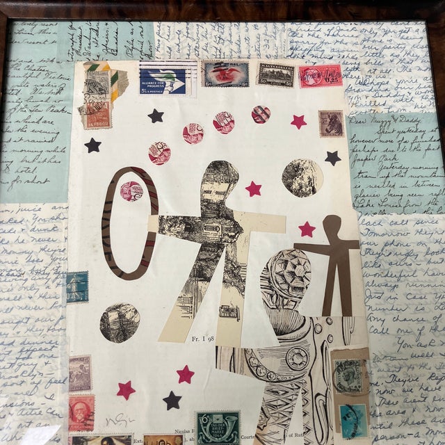 Contemporary original abstract collage by Wayne Cunningham with vintage papers and stamps. Framed and signed. Measures...