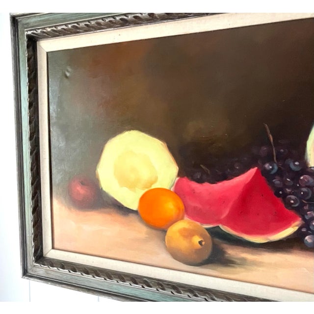 Bright Pink Vintage Signed Fruit Still Life Oil Painting on Canvas For Sale - Image 8 of 15