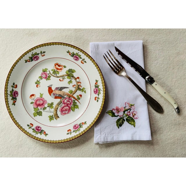 French Cherry Blossom Embroidered Cotton Percale Dinner Napkins | Paris Flea Market Find - Set of Four For Sale - Image 15 of 18