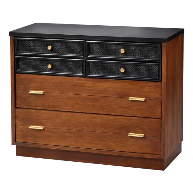 Vintage Mid-Century Walnut Dresser With Black Cane Drawer Fronts & Brass Hardware For Sale