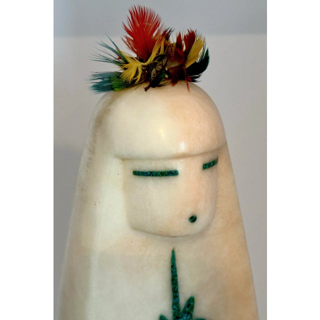 Gemstone Matthew Panana Jemez Pueblo “Corn Maiden” Alabaster & Turquoise Sculpture For Sale - Image 7 of 9