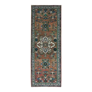 1960s Almond Brown, Distressed Wool Hand Knotted, Vintage Persian Lilahan, Wide Runner Rug