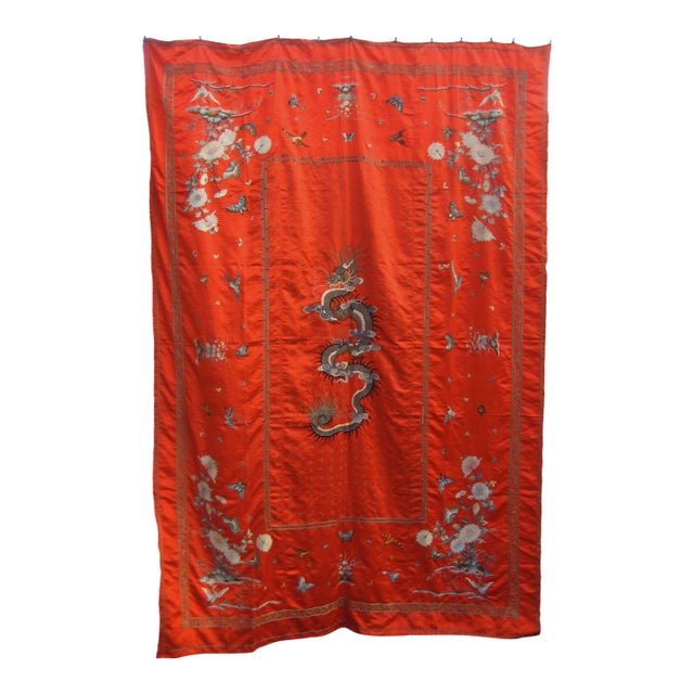 Red Silk Chinese Embroidery of a Dragon 19 Century For Sale