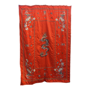 Red Silk Chinese Embroidery of a Dragon 19 Century