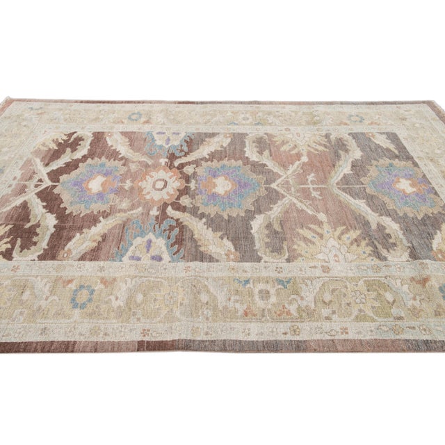 Textile Brown Modern Floral Sultanabad Handmade Wool Rug For Sale - Image 7 of 9