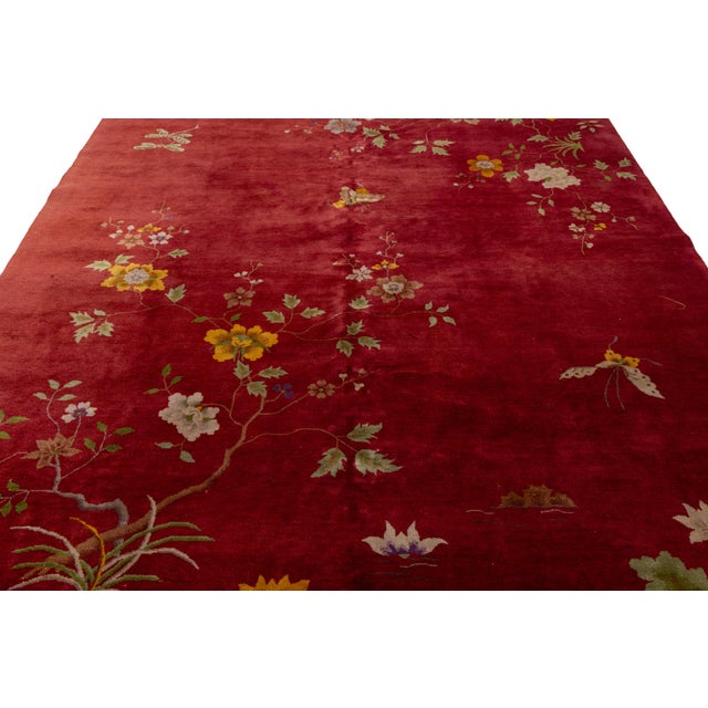 Antique Red Art Deco Chinese Handmade Wool Rug For Sale - Image 11 of 11