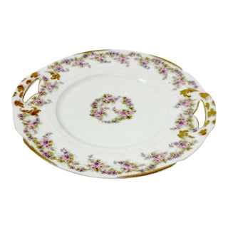 Early 20th Century Elite Limoges 10.5" Floral Gold Trim Porcelain Cake Plate / Platter For Sale