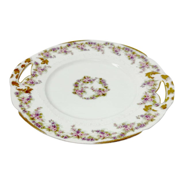 Early 20th Century Elite Limoges 10.5" Floral Gold Trim Porcelain Cake Plate / Platter For Sale