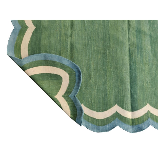Casa Cosima Handmade Cotton Scalloped Rug, Forest Green With Cream and Blue Full Border 9'x12' For Sale - Image 4 of 11