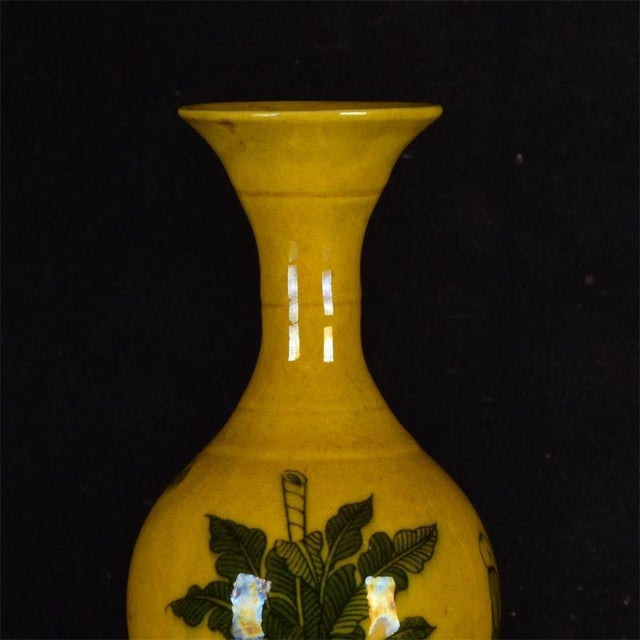 Chinoiserie Yellow Glaze Figural Porcelain Olive Vase, Chinoiserie Decor Vessel For Sale - Image 3 of 8