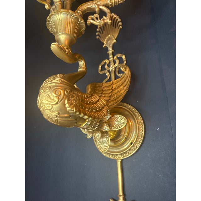 Metal 1990s Gherardo Degli Albizzi Pair of Matched Dore Bronze Solid Brass Swan and Arrow Wall Sconces 4 Lights For Sale - Image 7 of 9