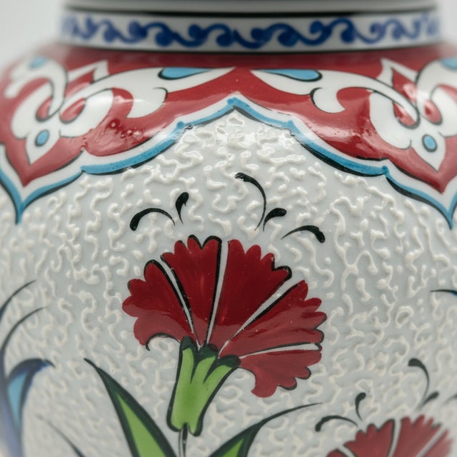 Turkish Handmade Ceramic “Kupecik” Ginger Jar (20cm) – Textured Relief Floral Pattern – Lidded Iznik Vase For Sale - Image 3 of 7