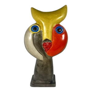 Mid 20th Century Cubist Stone Sculpture Bust: Abstract Face, Primary Colors