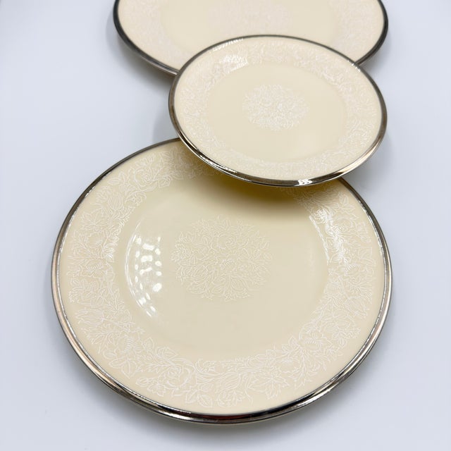 1990s Lenox Moonspun China Platinum Trim Dinner, Salad, Bread 3pc Plate Set For Sale - Image 9 of 10