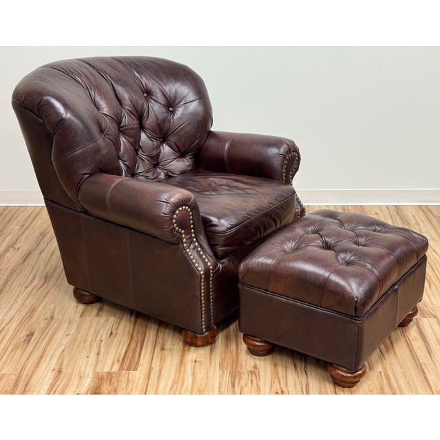 English Vintage Tufted Leather Writers Chair With Ottoman For Sale - Image 3 of 18