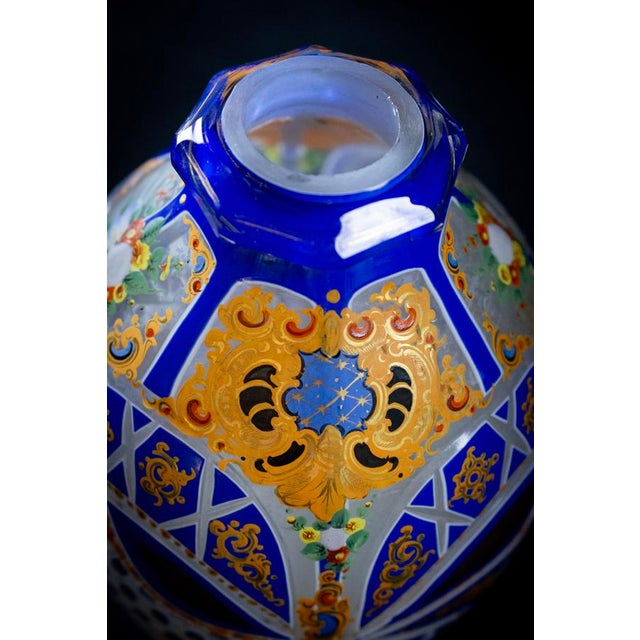 Boho Chic Blue and White Cut Crystal Overlay Vase with Enamel and Gilt Decoration, 19th Century For Sale - Image 3 of 16