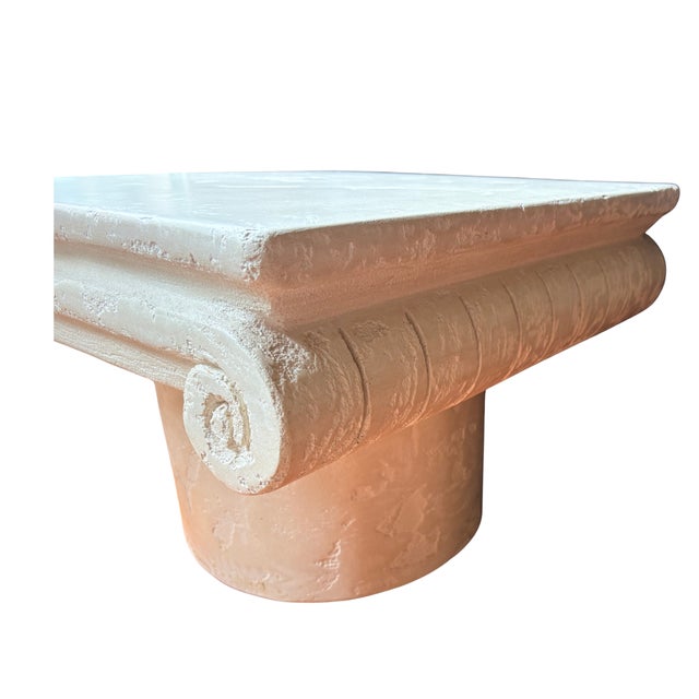 Neoclassical Late 20th Century Neoclassical Ionic Capital Plaster Coffee Table, Architectural Column Form, Square Top on Cylindrical Pedestal Base For Sale - Image 3 of 8