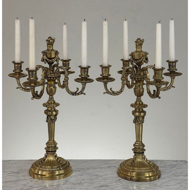 French Pair of French Napoleon III Period Louis XVI Bronze Candelabra For Sale - Image 3 of 18
