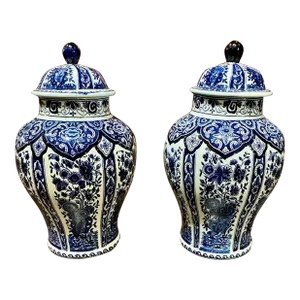 Pair of Antique Delft Blue and White Jars by Royal Sphinx