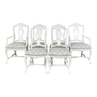 Mid-Century French Style Carved & Painted Dining Chairs Embroidered Linen - S/6 For Sale