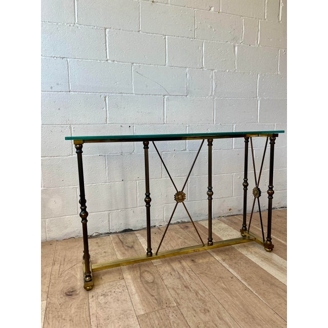 Hollywood Regency Vintage Hollywood Regency Brass and Glass Console Table With Bronze Supports For Sale - Image 3 of 10