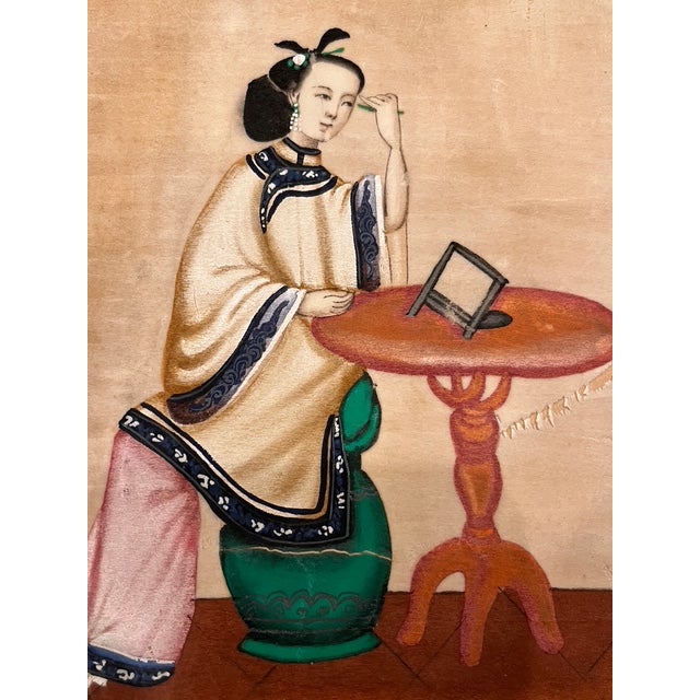 Chinese Antique 19thC Chinese Export Pith Paper Painting - Lady at Vanity Mirror For Sale - Image 3 of 4